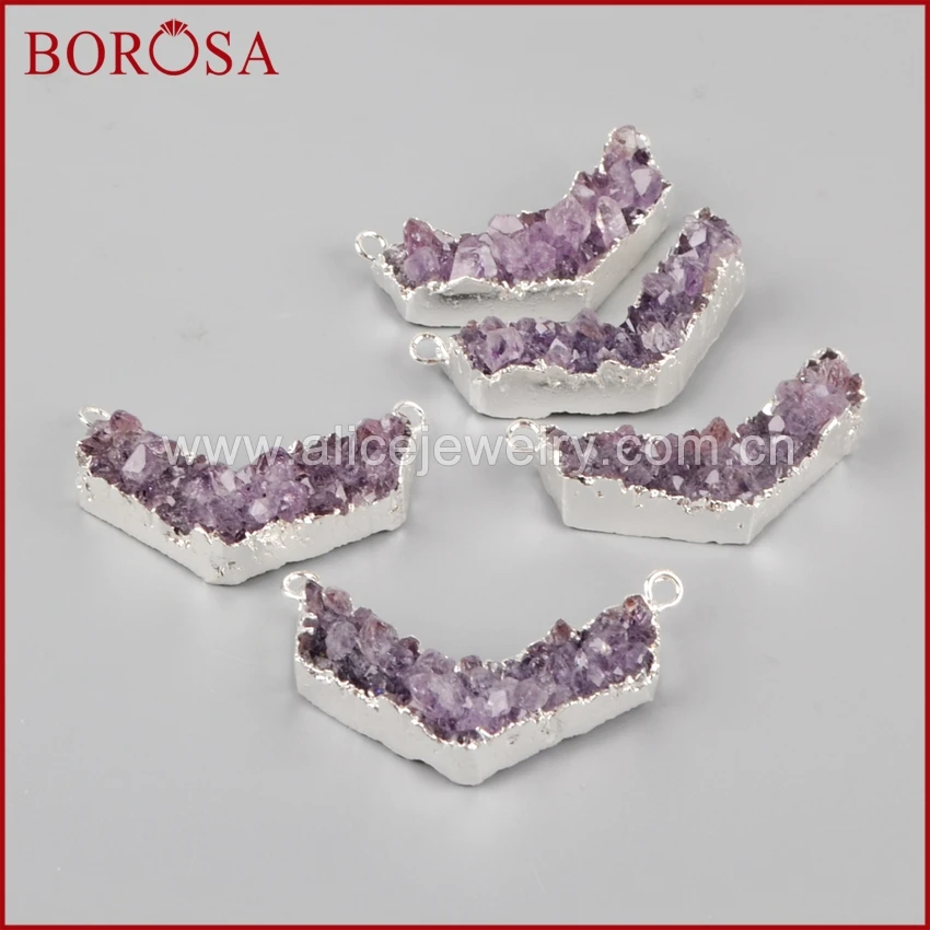 BOROSA 5 шт. серебряный цвет V Форма натуральный фиолетовый кристалл Друза
