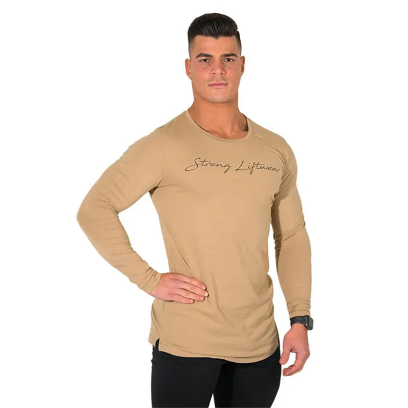 khaki Новая мода, высокая эластичность, Спортивная футболка, Мужская футболка с длинным рукавом для фитнеса, Мужская Однотонная футболка для тренажерного зала, бодибилдинга - Цвет: khaki