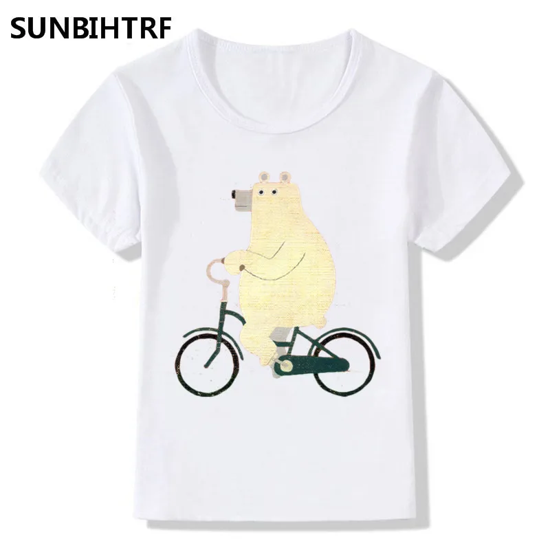 Большой мальчик и девочка печати Polar Bear езда на велосипеде прикольные футболки