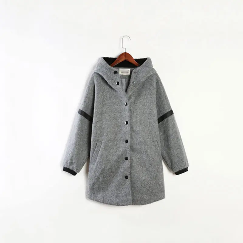 

2018 Autumn Winter New Korean Hooded Woolen Coat Femme Medium Long Thick Loose Large Size Single Breasted Gray Wool Jacket LQ324