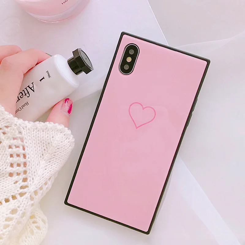 Tfshining Fashion Square Tempered Glass Cell Phone Case for iphone 11 Pro Max X XR XS 6s 7 8 Plus Hard Cute Love Heart Cover | Мобильные