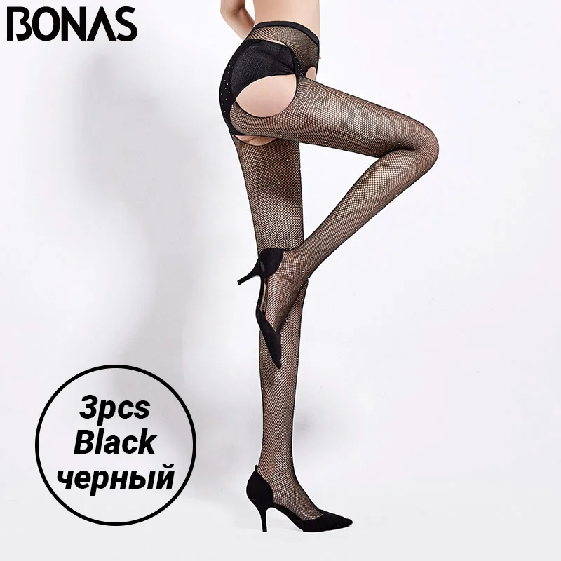 Open Crotch Blackx3 BONAS, 6 шт., женские ажурные колготки с открытой промежностью, сексуальные, горячие, бриллиантовая сетка, нейлоновые колготки, чулки, женские, женские, тонкие, HollowCollant Femme - Цвет: Open Crotch Blackx3