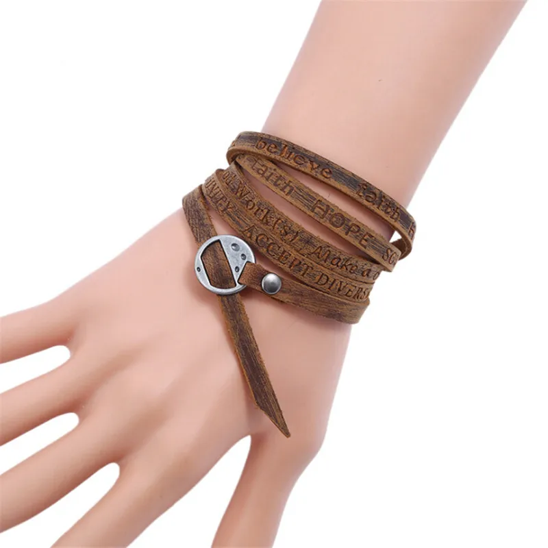 

Vintage Retro Genuine Leather Bracelets Engraved Positive Words Wristband Multilayer Bracelets Women Jewelry Gifts