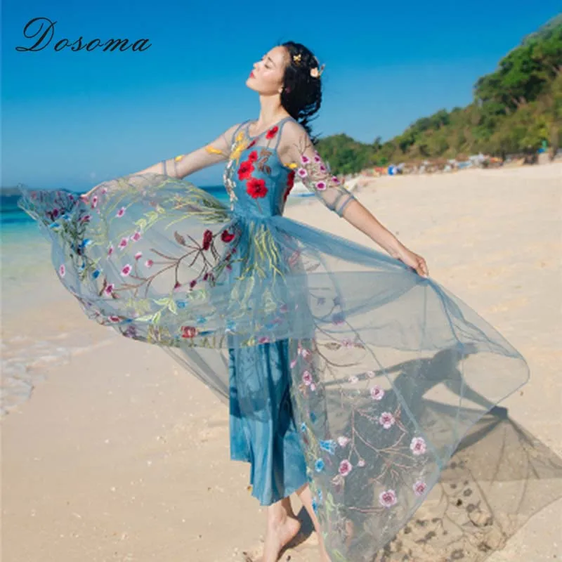 DOSOMA сетки вышивка женщин платье элегантный 2018 Бохо пляжное макси туника дамы