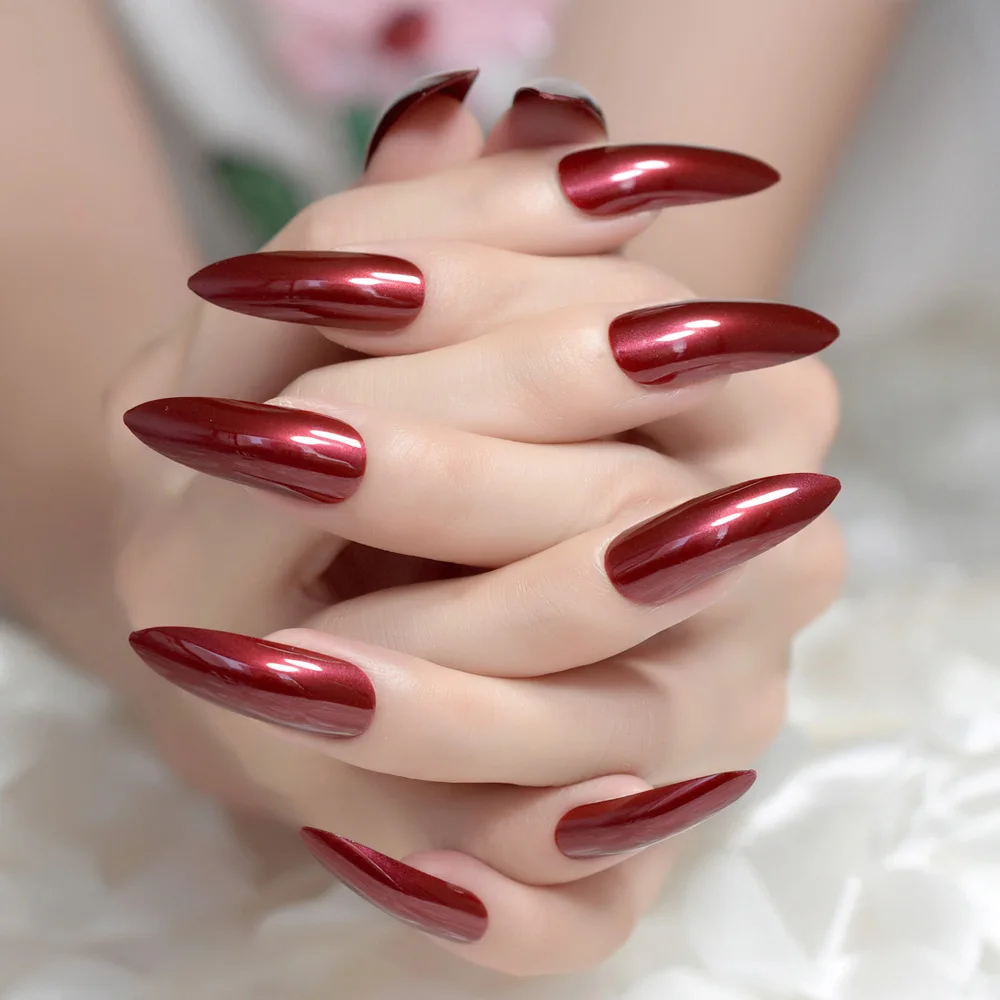 24 шт. набор качественных акриловых ложных ногтей, винно-красного цвета, длинные и блестящие, легко наносятся, с острым стилетом, искусственные, для вечеринок, модель Z932.