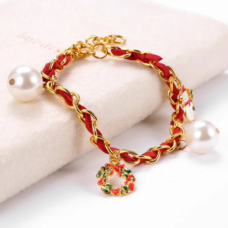 2016 Кристалл Браслет Сплава Цинка Красная Кожаная Веревка Жемчужина Рождество