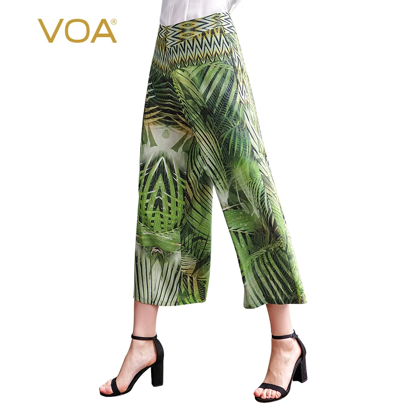 Женские шелковые широкие брюки VOA свободные прямые большого размера с зеленым