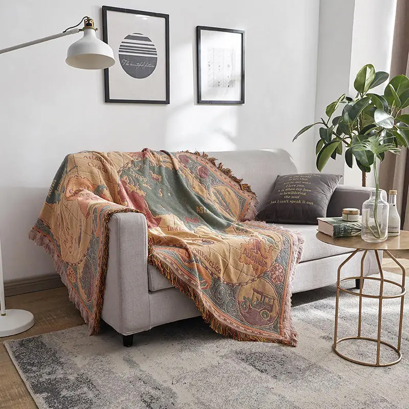 Винтажное полотенце для дивана с изображением карты мира декоративное покрывало