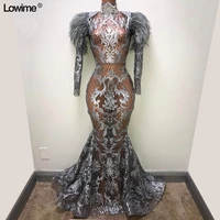 illusion real photo formal long evening dresses mermaid long sleeves feathers abendkleider 2019 runaway award ceremony gowns