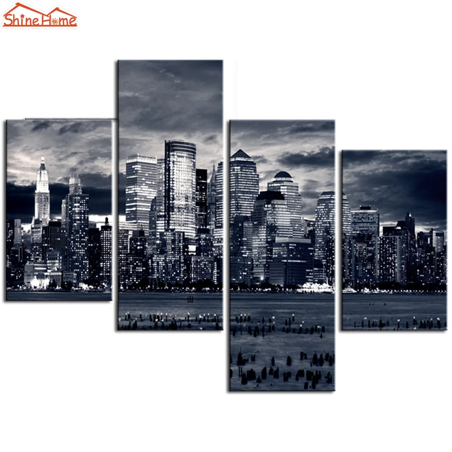 

ShineHome-4pcs стены искусство Холст Картина Печать картины модульные на стену Манхэттен Нью-Йорк черная ночь модульная искусстве печать для гостиной декор для дома картина холст