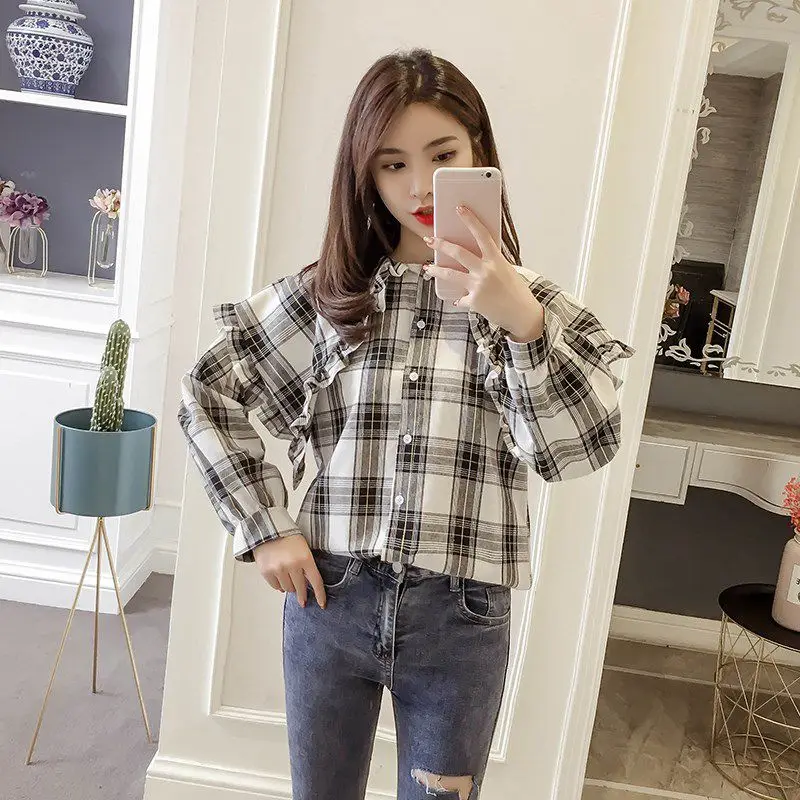 2019 весна осень мода уличная большой Питер Пэн воротник клетчатая блузка женские