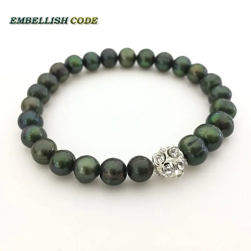 

Peacock green black wholesale natural fresh water pearls crystal ball elastic bracelet special Design for girl easy to wear