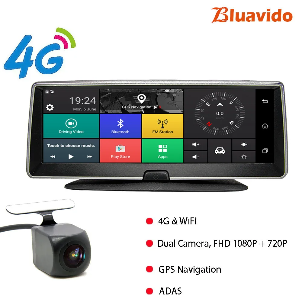 Bluavido 8 дюймов Автомобильный видеорегистратор 4G Android gps навигация ADAS FHD 1080P Автомобильный видеорегистратор ночное видение парковочный монитор - Название цвета: with HD rear cam