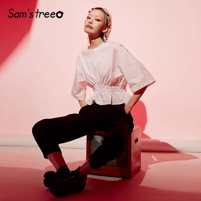 Samstree, женские хлопковые белые блузки, рубашки с круглым вырезом и половинным рукавом, офисные женские одноцветные блузки, дизайнерские рубашки с завышенной талией, блузки