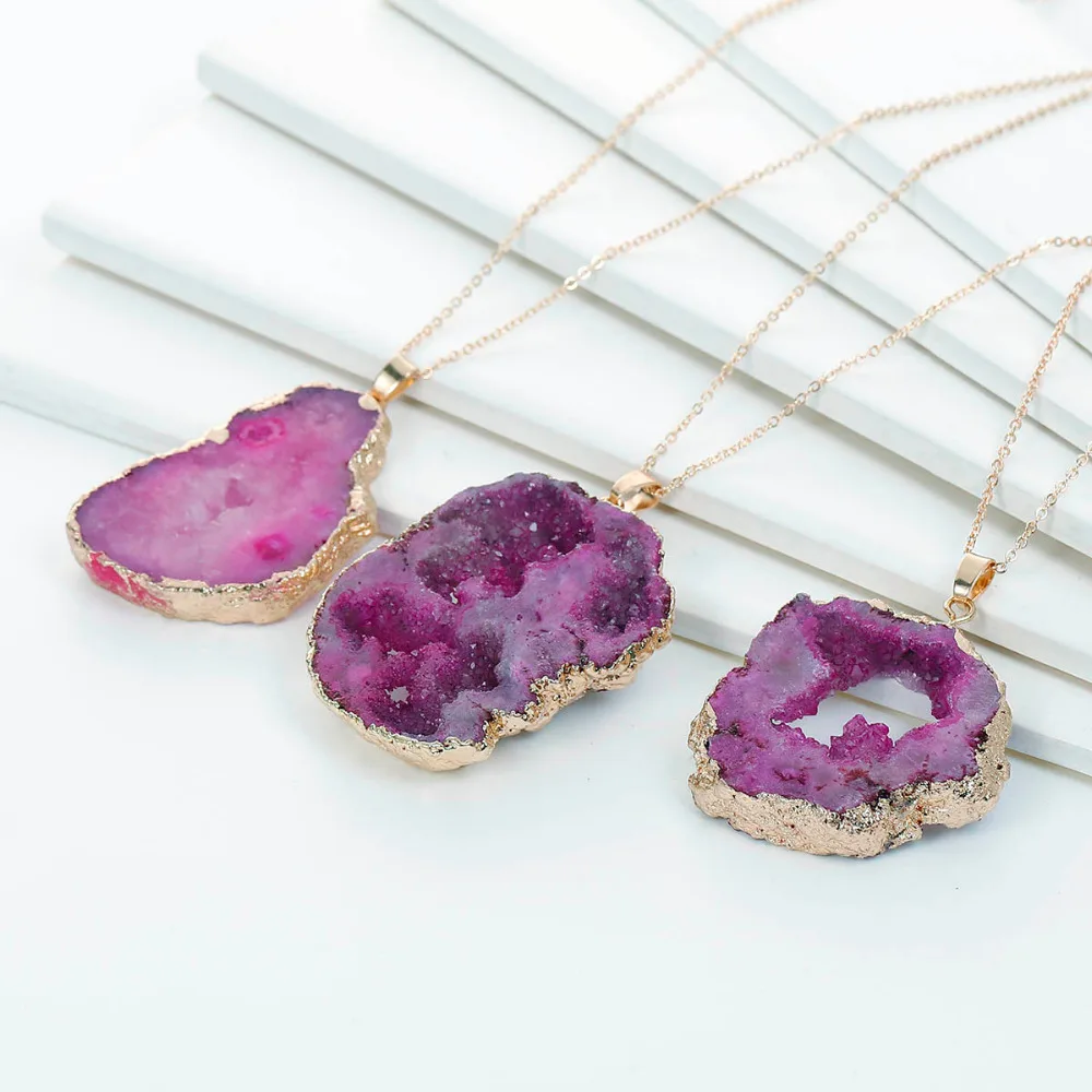 DoreenBeads Natural Created Quartz Crystal Drusy Necklace Link Cable Chain Gold color Irregular Fuchsia Pendant 55cm -47cm 1 PC | Украшения