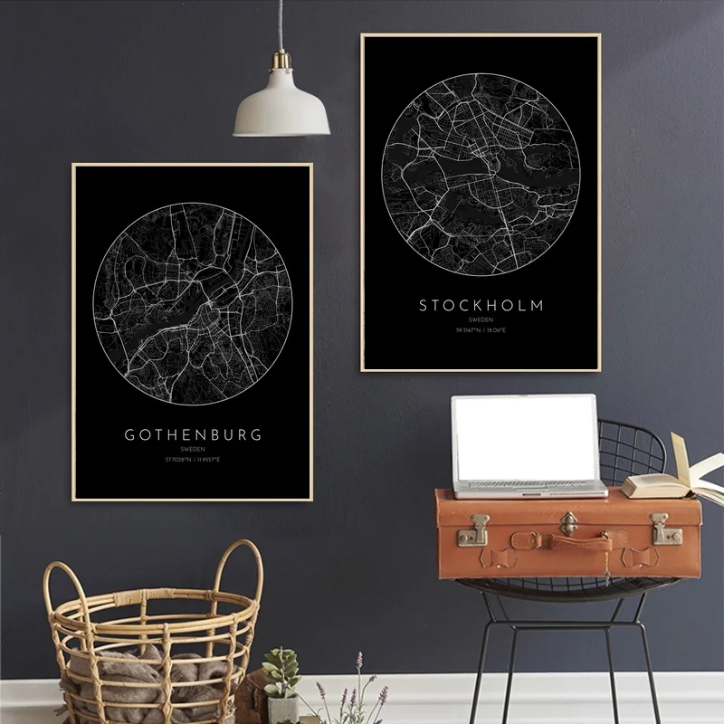 Холщовый плакат с черными городскими картами Швеции стоктем готенбург настенные