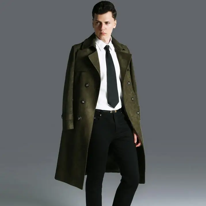 

Deerskin velvet long trench coat mens male 2020 ultra long overcoats mens outerwear fashion army green england S - 6XL