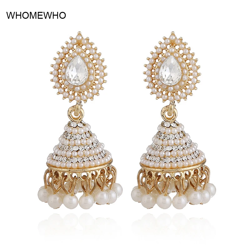 

2018 Fashion Faux Imitation Pearl Indian Jhumka Jhumki Drop Earrings Women Gold Long Chain Wedding Bridal Party Jewelry Gifts