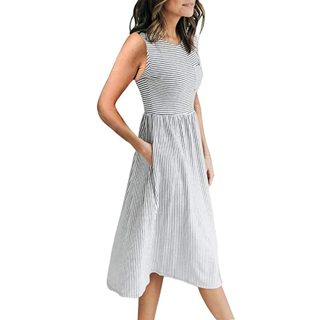FREE OSTRICH Women Dress Sleeveless Waist Boho Stripe Loose Pockets Casual Cute Refined Noble Trend Summer short | Женская одежда