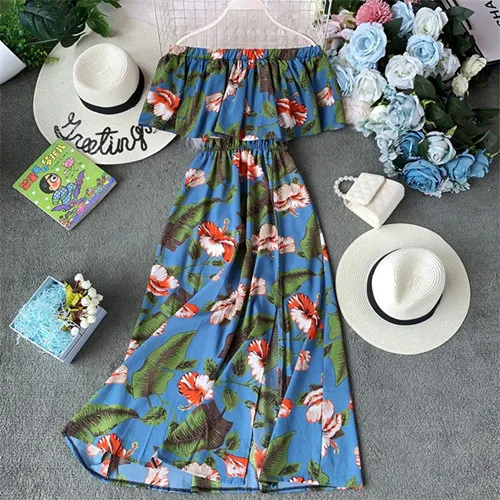 sky blue pink floral Винтажное богемное сексуальное летнее длинное платье миди с открытыми плечами и цветочным принтом, женские элегантные вечерние платья для пляжа и отдыха - Цвет: sky blue pink floral