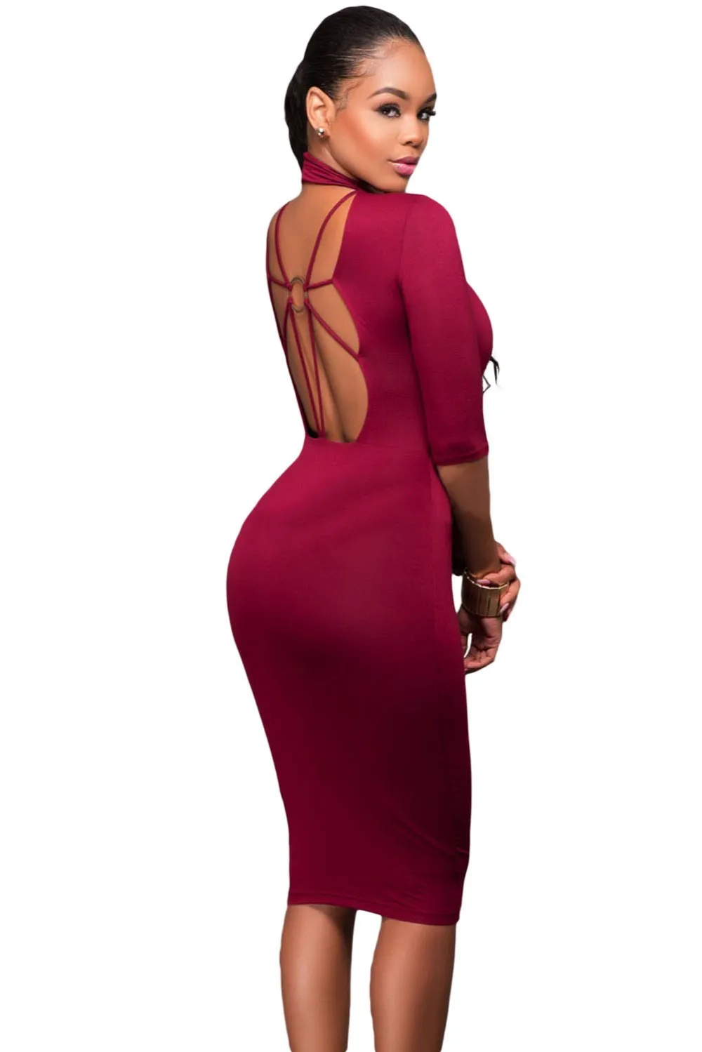 YIRANSHINI Bodycon платья Белый макет шеи o-кольцо акцент сексуальный вырез с рукавом до