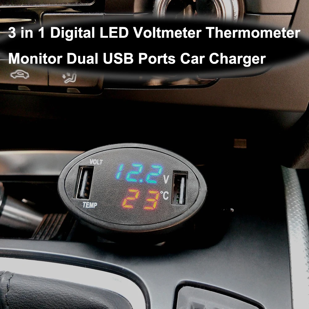 3in1 Цифровой светодио дный автомобилей Вольтметр термометр Auto USB Зарядное