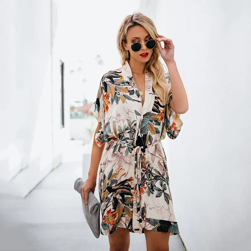 

Boho V Neck Bohemian Dress Short Sleeve Casual Summer Printed Sexy Mini Dresses Beach Party Vestidos Office Lady Plus Size Ropa