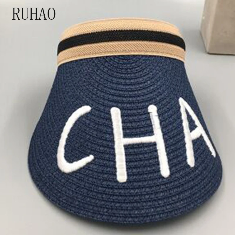 

RUHAO 2019 Spring Summer beach hats women Big Wide Brim Straw Sun Visors hat Women Gilr Fashion Empty Top Caps 6 Solid Colors
