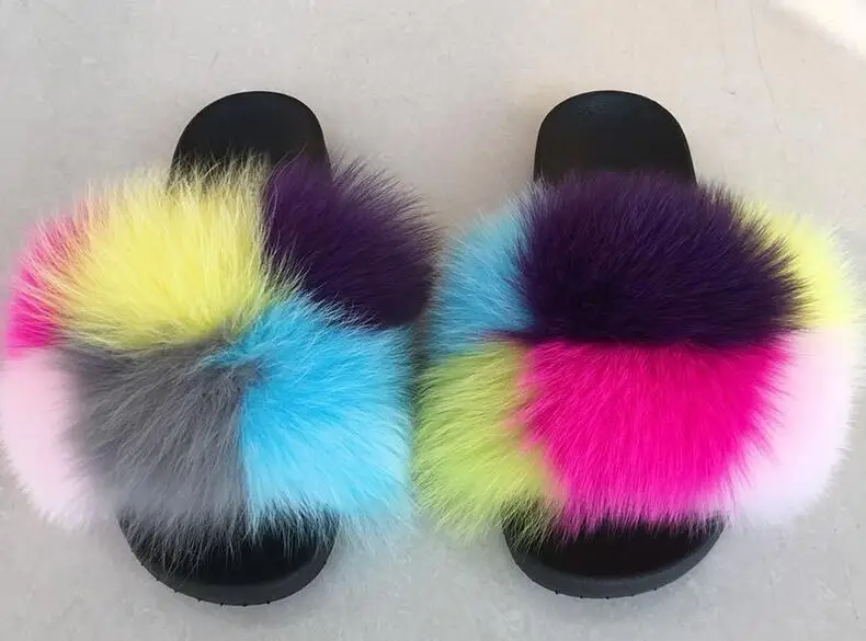 6 colors mixed 2 ZDFURS/; Лидер продаж; женские шлепанцы с лисьим мехом; Разноцветные Летние модные шлепанцы; женские меховые домашние Вьетнамки; пляжные сандалии - Цвет: 6 colors mixed 2