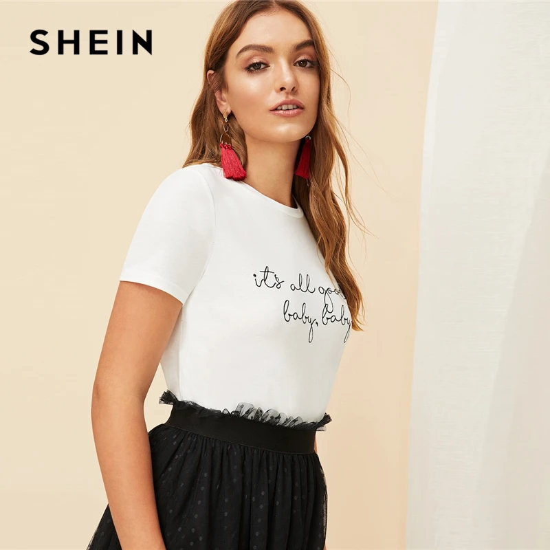 SHEIN белая футболка с надписью и надписью, облегающая футболка с коротким рукавом и круглым вырезом, женская летняя повседневная футболка