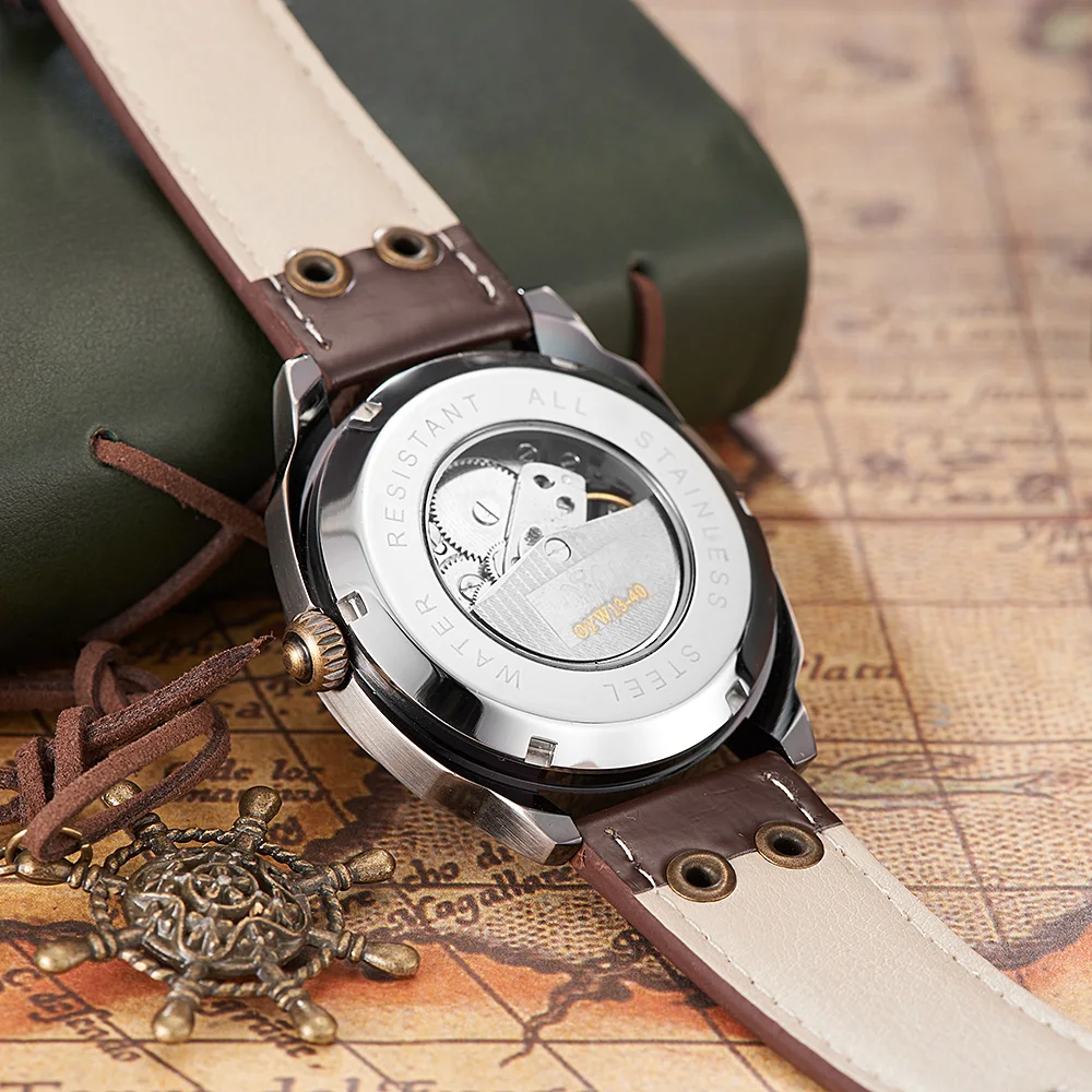 

Top Sale OUYAWEI Self Wind Vintage Mechanical Leather Watch Men Skeleton Automatic Antique Bronze Retro Wristwatch montre homme