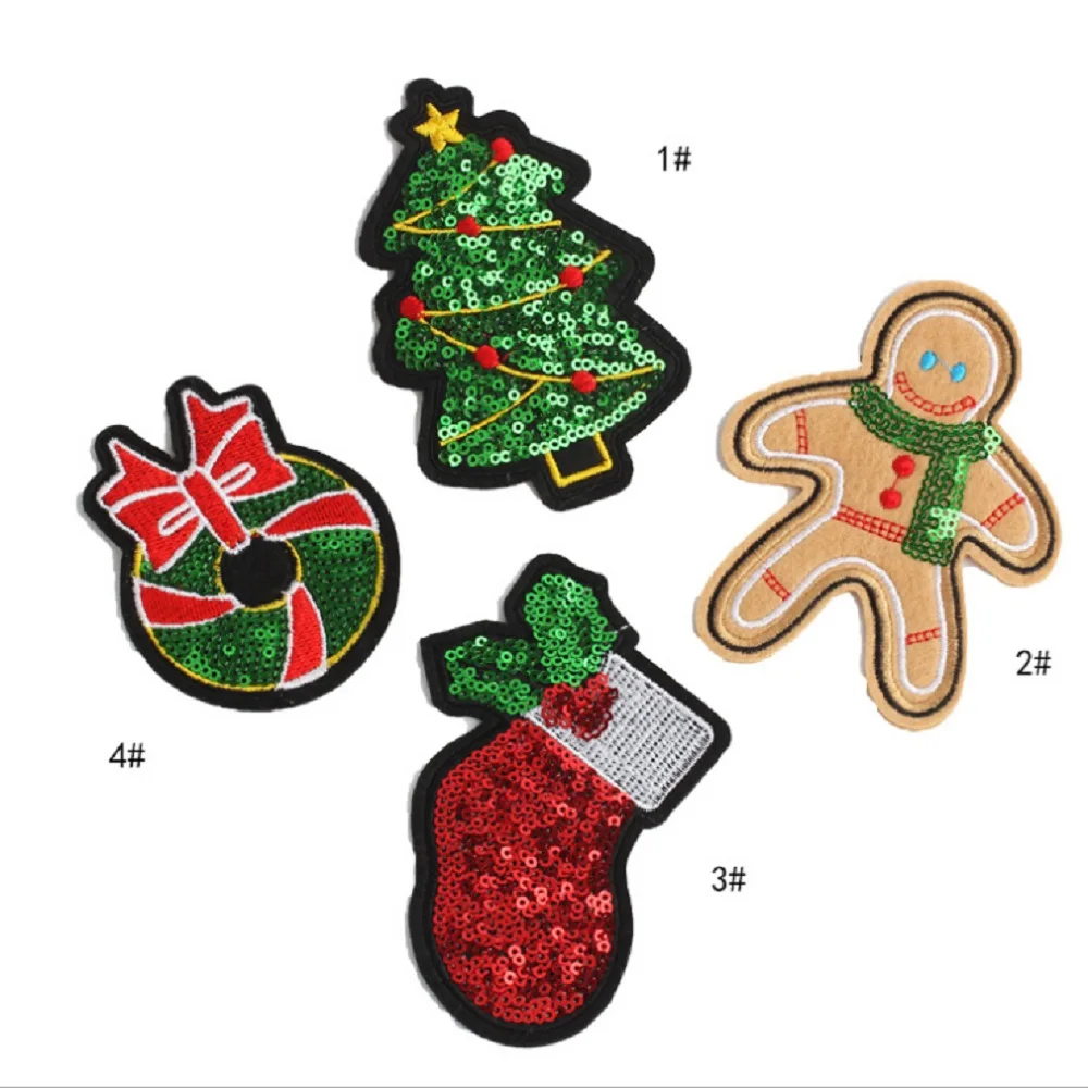 Set 4 pcs DIY Блестки патч Рождественская елка имбирный человек детские чулки Bowkont Железный на одежду нашивки 3D наклейки аппликация вышивка хипстер - Цвет: Set 4 pcs