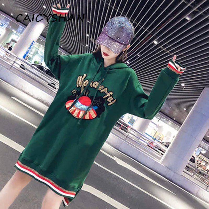 

New Autumn Women Hoodies Plus Size Casual Loose Print Letter Long Sleeve Mid- Hoodies Sweatshirts Dress For Women Hoodies Fleece