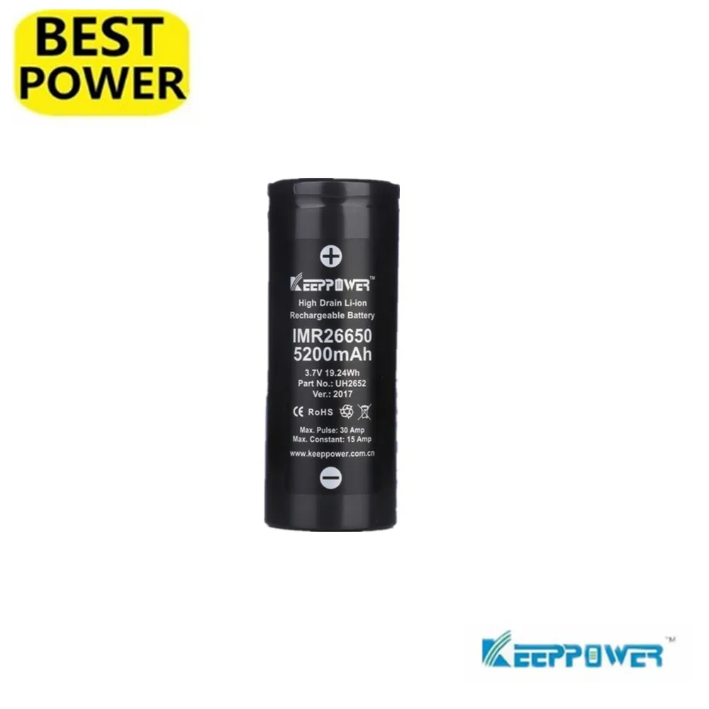1 шт. Keeppower 26650 Максимальная 30A разрядка 3,7 в 5200 мАч/5500 мАч 19.24Wh IMR перезаряжаемая литиевая батарея