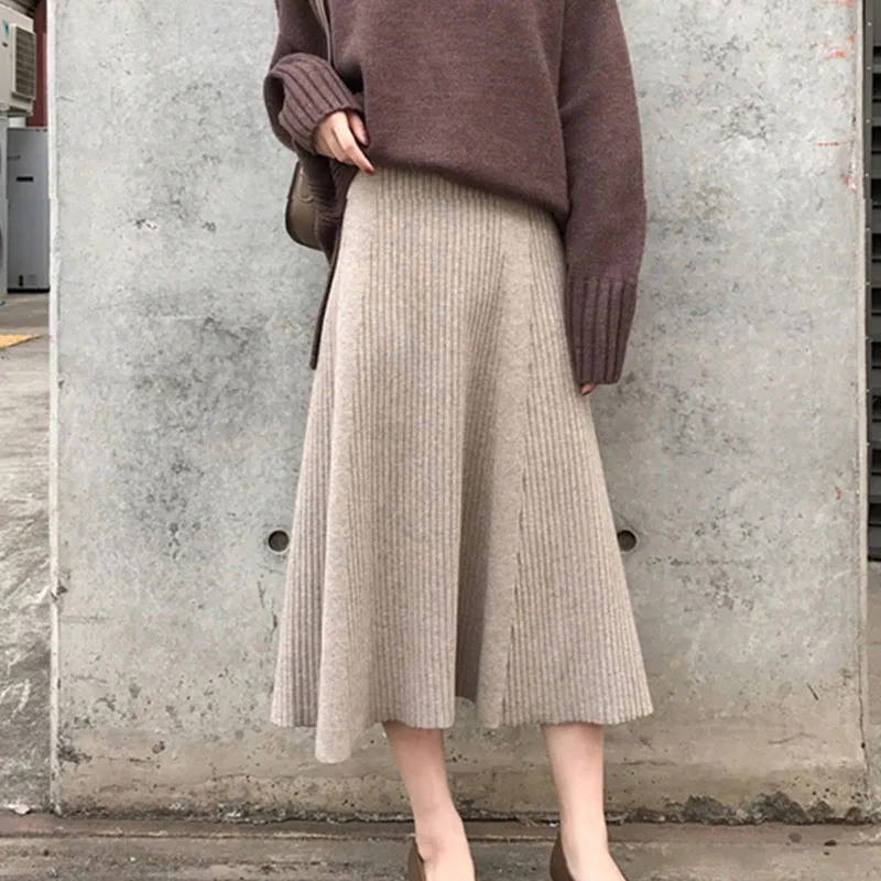 Khaki Skirt Зимние женские миди юбки корейские повседневные женские трапециевидные расклешенные с высокой талией однотонные трикотажные толстые длинные свитера юбки женские - Цвет: Khaki Skirt