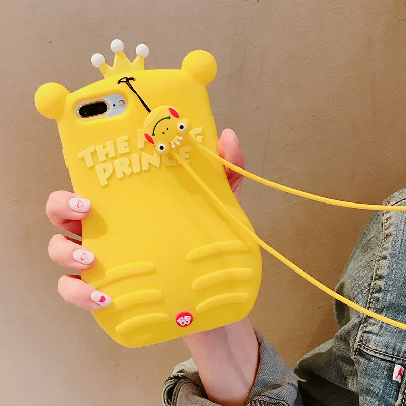 Yellow Милый силиконовый чехол-лягушка с большими глазами для iPhone 8, 7 Plus, X, 6, 6 Plus, корона, задняя крышка с ремешком для iPhone X, 8, 7, 6 Plus, мягкий чехол - Цвет: Yellow