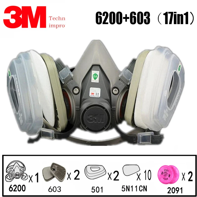 

17 in 1 3M 6200 Industrial Half Mask Spray Paint Gas Mask Respiratory Protection Safety Work Dust-proof Respirator Mask Filter