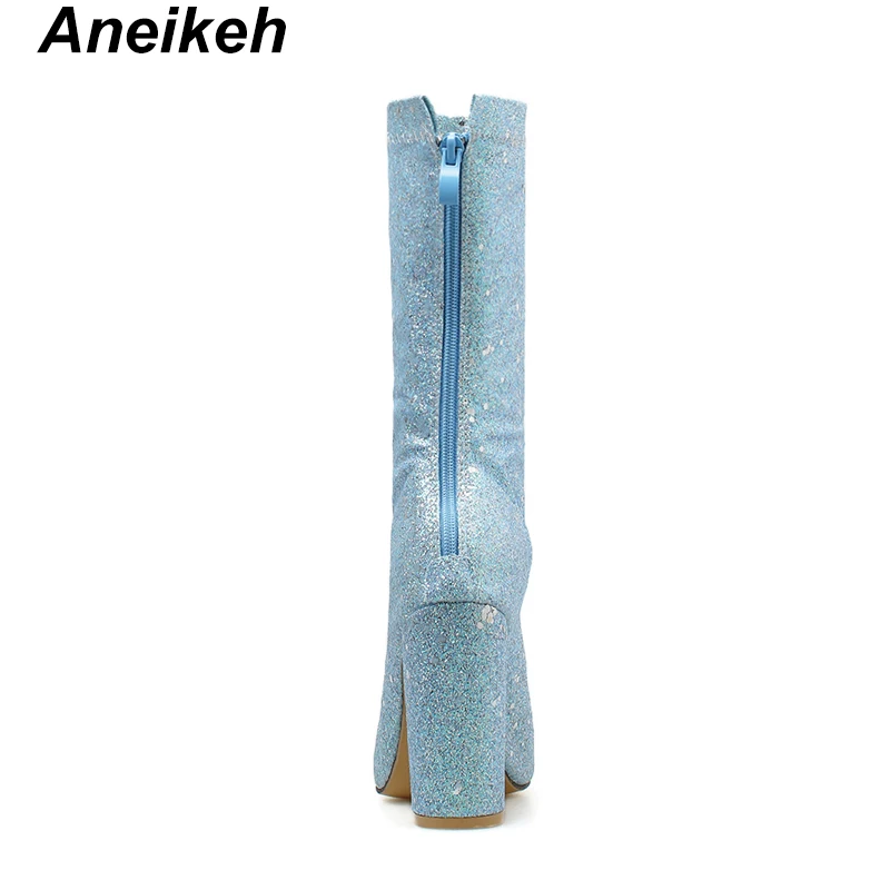 Aneikeh/ г. Женские ботинки из PU искусственной кожи для зрелых женщин летние сапоги до середины икры шикарное блестящее платье на квадратном каблуке с острым носком на молнии Свадебные Серебристые туфли с закрытым носком, Размеры 35-40