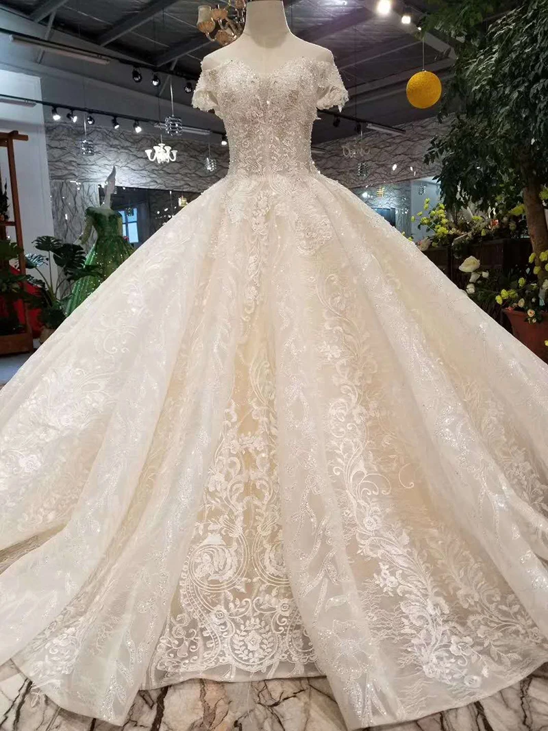 LSS186 блестящие кружевные свадебные платья с открытыми плечами милое бальное