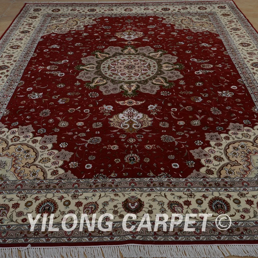 Kopen Yilong 10'x14' Handgemaakte Rode En Beige Wol Karpetten Prachtige Moderne Wol Zijde Tapijt (1506)