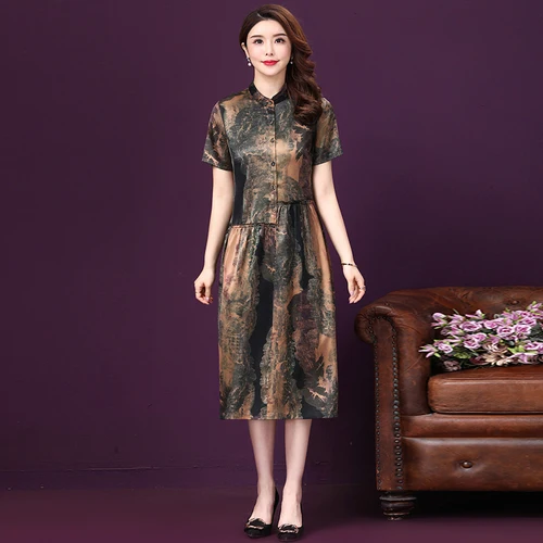 

2021 Spring Summer Short Sleeve Silk Women Dress New Retro Style Middle Aged Mother Big Code Loose Elegant Temperament Dresses