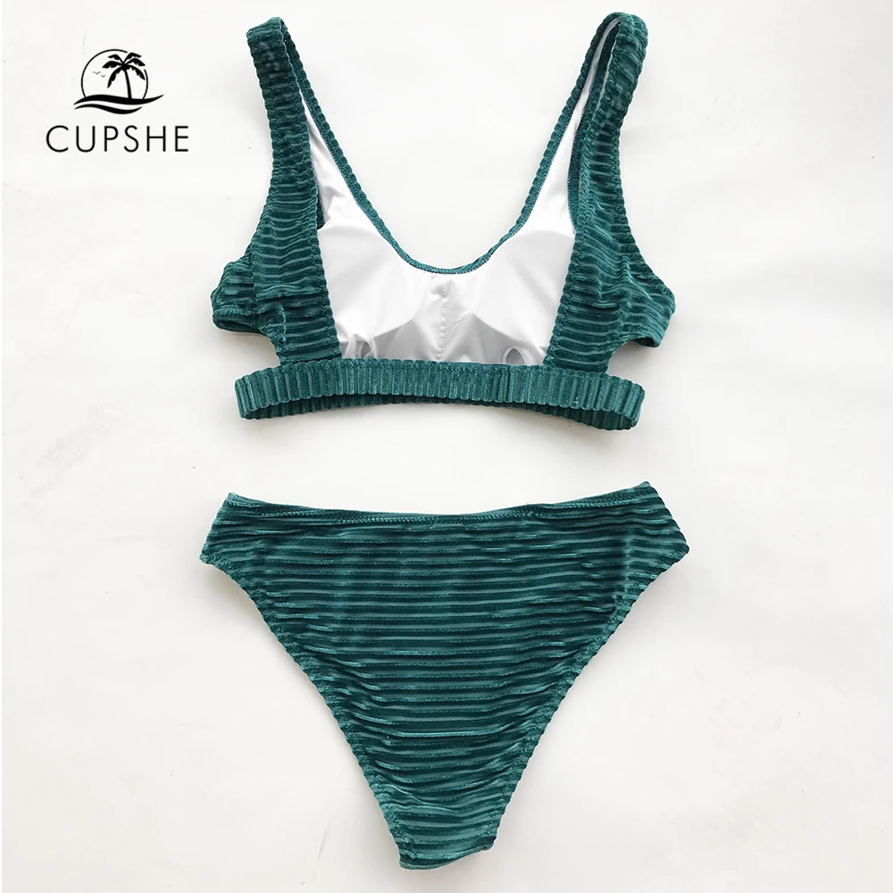 CUPSHE, Зеленый Изумрудный бархатный однотонный комплект бикини, женский купальник с вырезом на спине, два предмета,, пляжный купальный костюм для девочек, купальники
