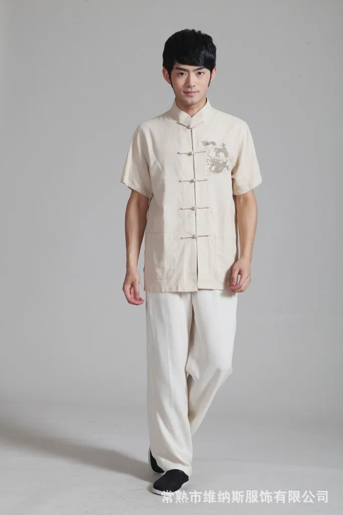 Бесплатная доставка бежевая китайская Мужская льняная рубашка с вышивкой брюки
