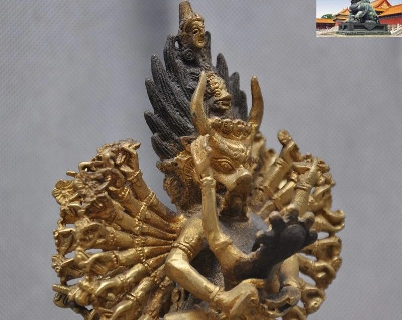 Старый тибетский буддизм бронзовый позолоченный череп Yama Yamantaka Dharmaraja статуя