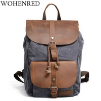 vintage leather canvas backpack men laptop bag college school bookbag shoulder bag large capacity waterproof travel rucksack