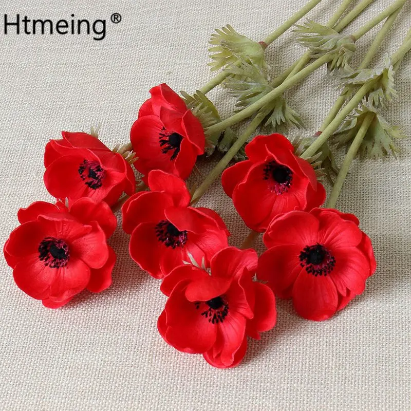 red--7pcs 7 шт., искусственные анемоны, цветы, настоящее прикосновение, маковые ветки, Бургундия, центр для свадебных букетов, центральные украшения, сделай сам, украшение дома - Цвет: red--7pcs