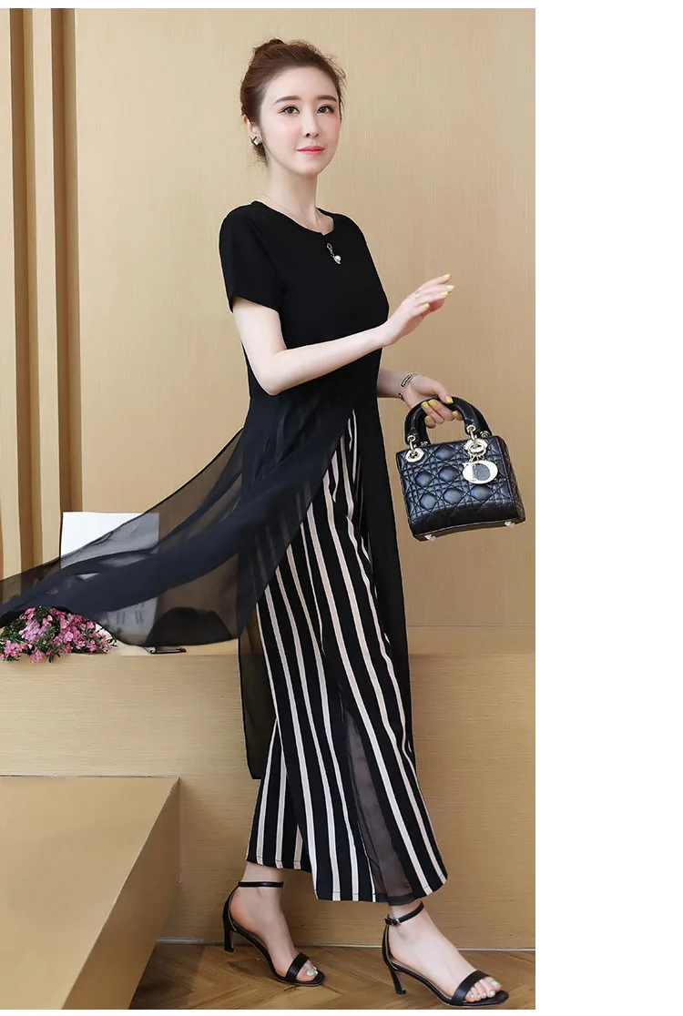 summer style two piece set top and pants plus size chiffon fork split long shirt + striped wide leg women special clothing | Женская