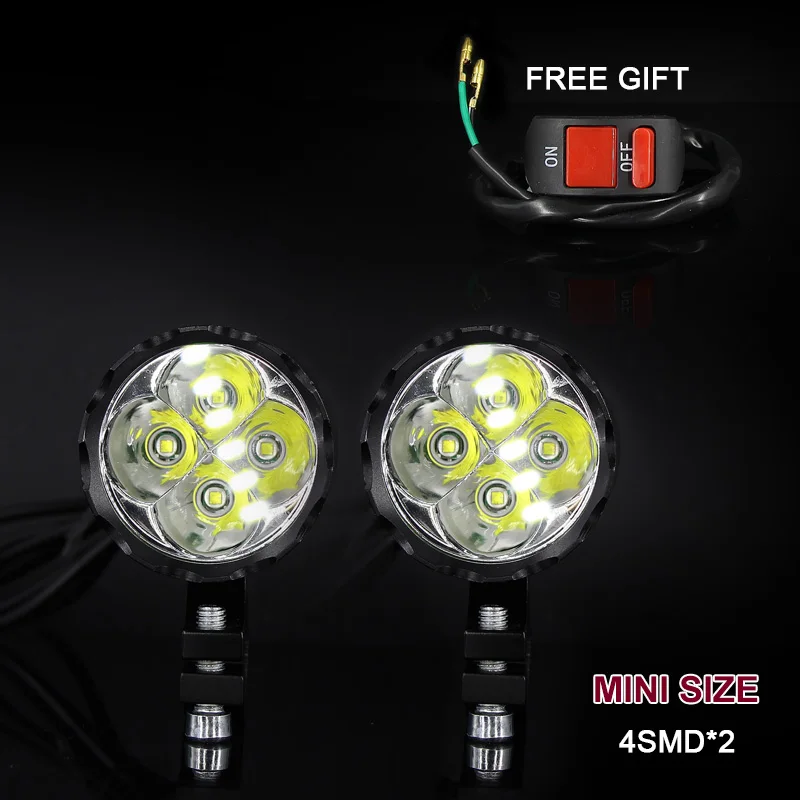 Mini 4SMD 2Pc Светодиодный мини-фара для мотоцикла, велосипеда, противотуманная фара, вспомогательная лампа для вождения мотоцикла, высокая яркость, DRL лампа белого цвета 6000k+ переключатель - Цвет: Mini 4SMD 2Pc