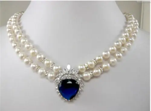 

FREE shipping> >>>>New 2015 Fashion jewelry 2 row white pearl blue heart crystal Pendant Necklace