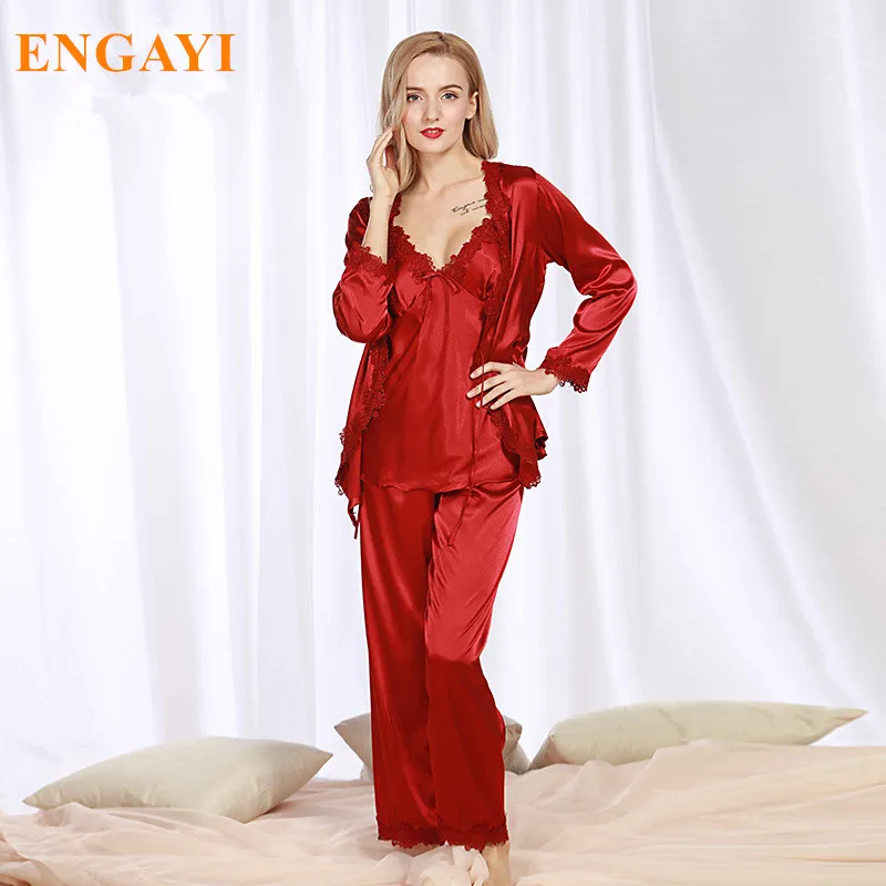 Большие размеры новые весенние женские шелковые пижамы пижамные комплекты из 3